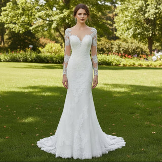 Princess Fit Flare Lace Wedding Dress with Long Sleeve - Rosymae