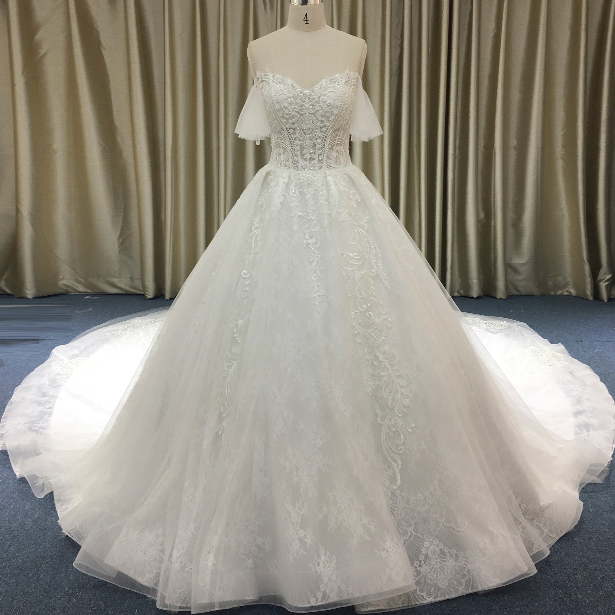 Princess Floral Lace Ball Gown Wedding Dress with Off the Shoulder - Rosymae