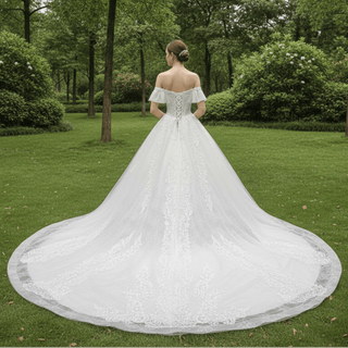 Princess Floral Lace Ball Gown Wedding Dress with Off the Shoulder - Rosymae