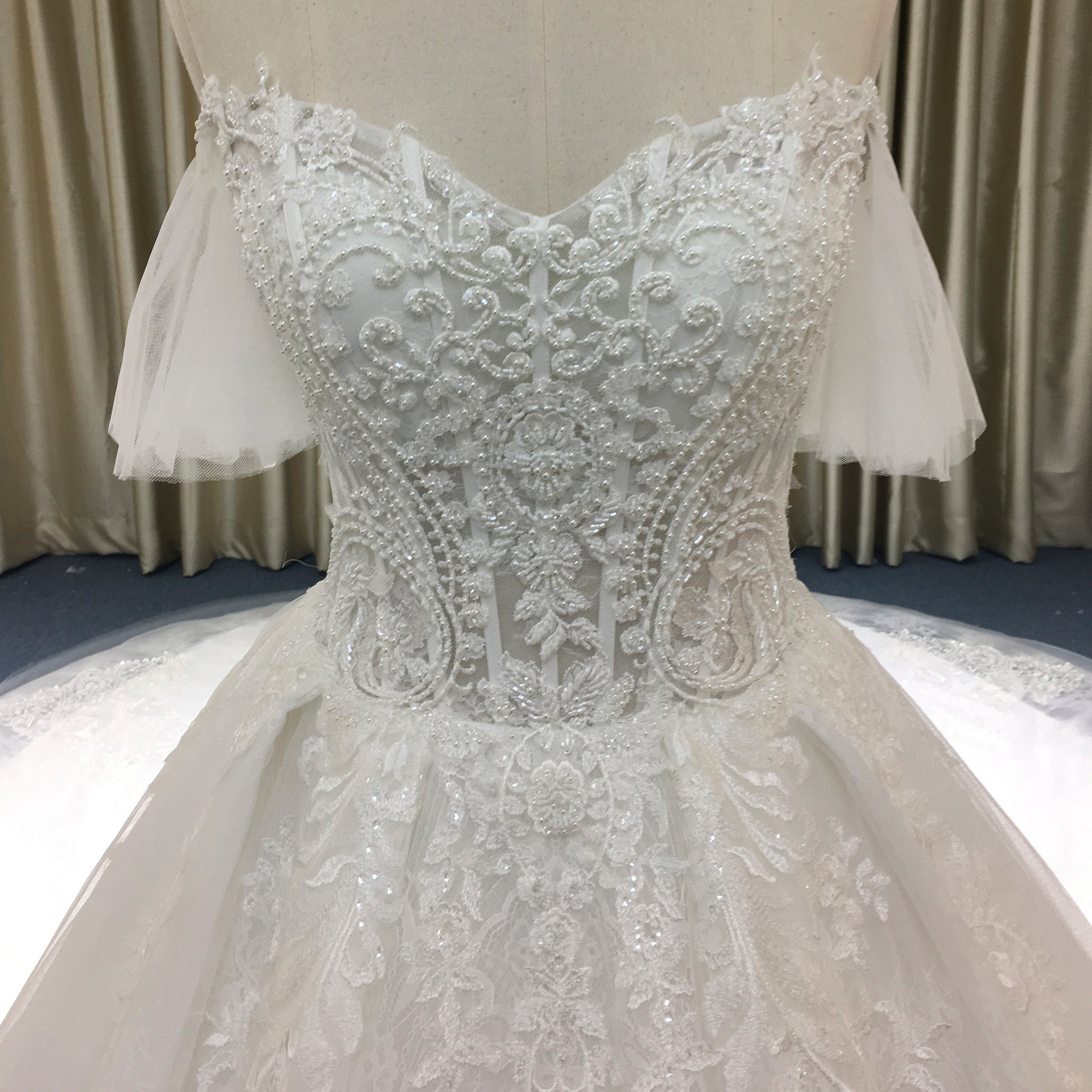 Princess Floral Lace Ball Gown Wedding Dress with Off the Shoulder - Rosymae
