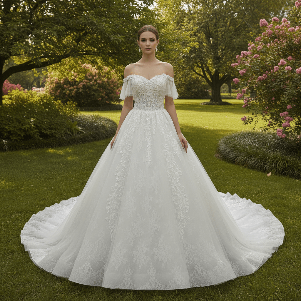 Princess Floral Lace Ball Gown Wedding Dress with Off the Shoulder - Rosymae
