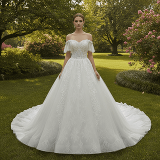 Princess Floral Lace Ball Gown Wedding Dress with Off the Shoulder - Rosymae
