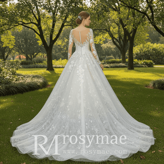 Princess Lace Ball Gown Wedding Dress Illusion Long Sleeve - Rosymae