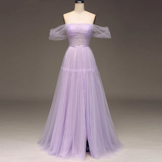 Princess Leg Slit Lilac Tulle A Line Prom Dress with Off the Shoulder - Rosymae