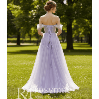 Princess Leg Slit Lilac Tulle A Line Prom Dress with Off the Shoulder - Rosymae