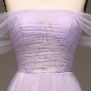 Princess Leg Slit Lilac Tulle A Line Prom Dress with Off the Shoulder - Rosymae