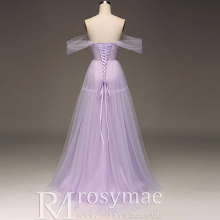 Princess Leg Slit Lilac Tulle A Line Prom Dress with Off the Shoulder - Rosymae