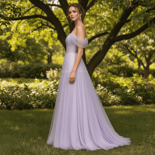 Princess Leg Slit Lilac Tulle A Line Prom Dress with Off the Shoulder - Rosymae