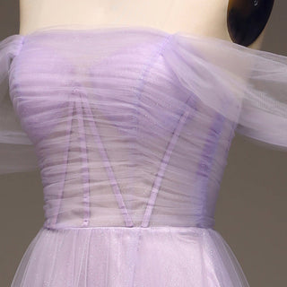 Princess Leg Slit Lilac Tulle A Line Prom Dress with Off the Shoulder - Rosymae