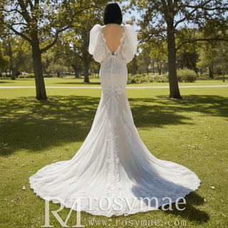 Princess Long Lantern Sleeve Lace Mermaid Wedding Dress - Rosymae