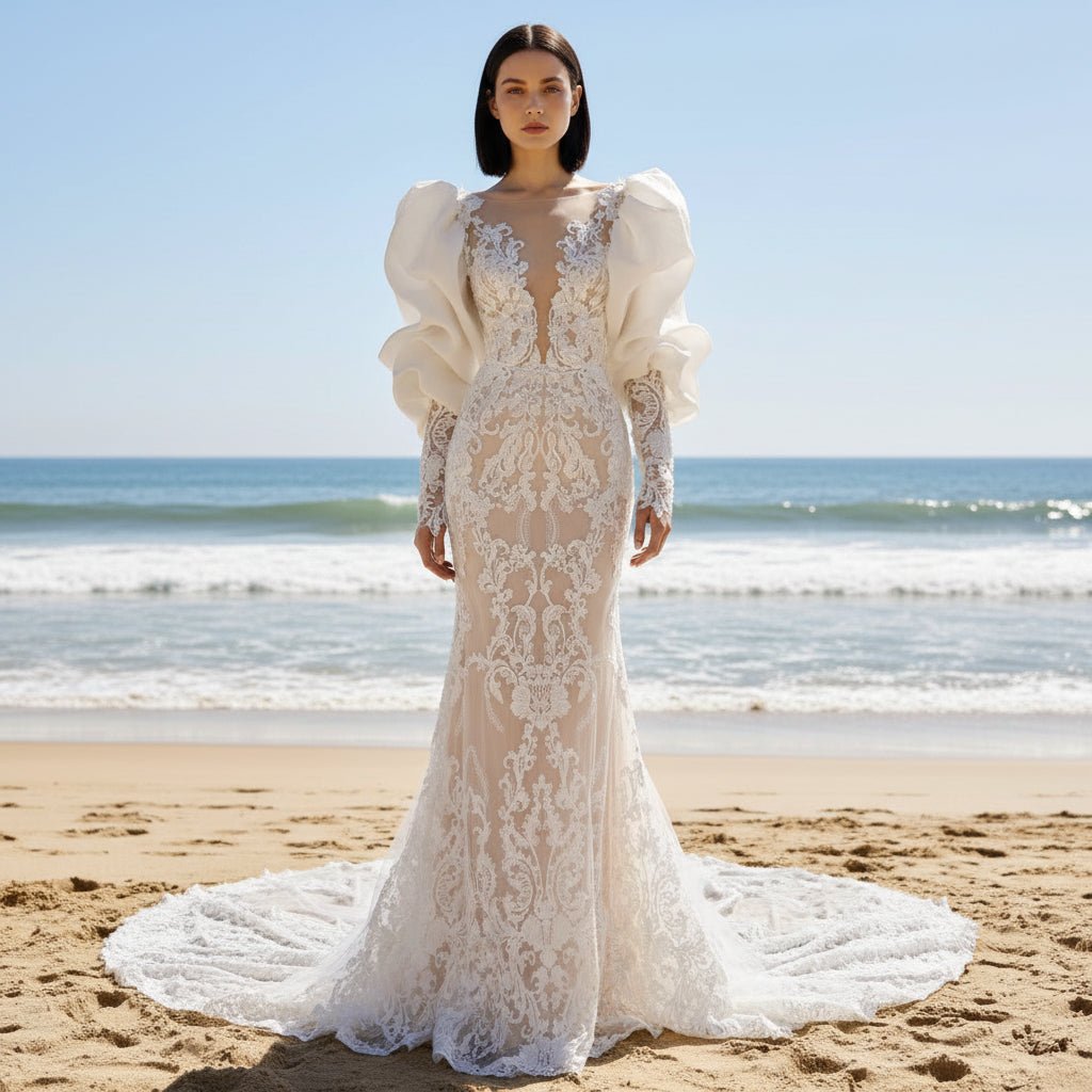 Princess Long Lantern Sleeve Lace Mermaid Wedding Dress - Rosymae