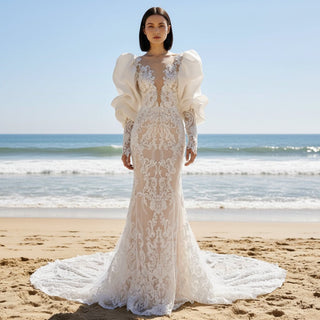 Princess Long Lantern Sleeve Lace Mermaid Wedding Dress - Rosymae