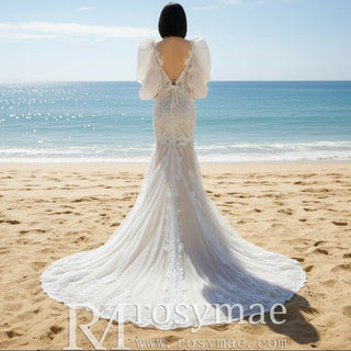 Princess Long Lantern Sleeve Lace Mermaid Wedding Dress - Rosymae
