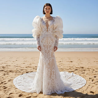 Princess Long Lantern Sleeve Lace Mermaid Wedding Dress - Rosymae