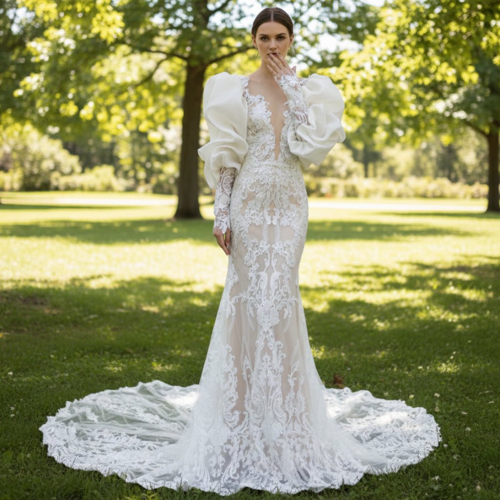 Princess Long Lantern Sleeve Lace Mermaid Wedding Dress - Rosymae