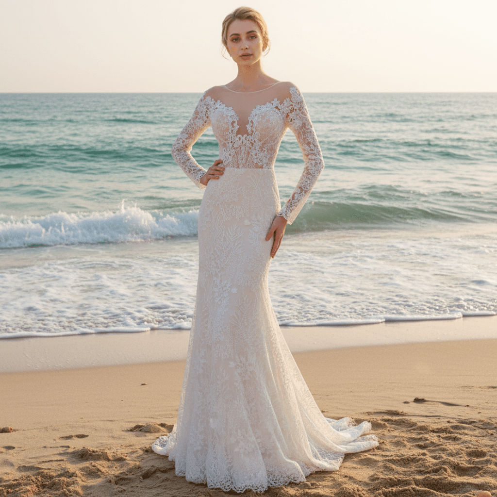 Princess Long Sleeve Mermaid Wedding Dress with Long Train - Rosymae