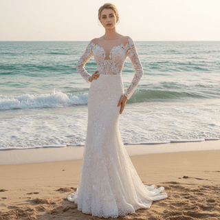 Princess Long Sleeve Mermaid Wedding Dress with Long Train - Rosymae