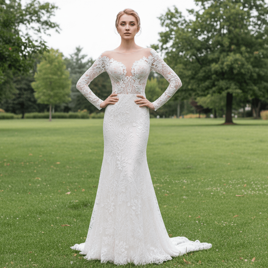 Princess Long Sleeve Mermaid Wedding Dress with Long Train - Rosymae
