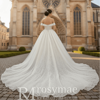 Princess Luxury Big Train Ball Gown Wedding Dress with Off Shoulder - Rosymae