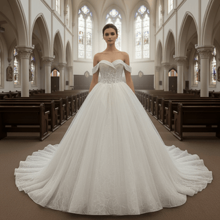 Princess Luxury Big Train Ball Gown Wedding Dress with Off Shoulder - Rosymae