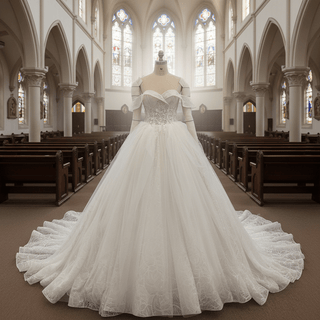 Princess Luxury Big Train Ball Gown Wedding Dress with Off Shoulder - Rosymae