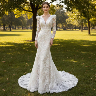 Princess Mermaid Lace Wedding Dress with Puff Long Sleeve - Rosymae