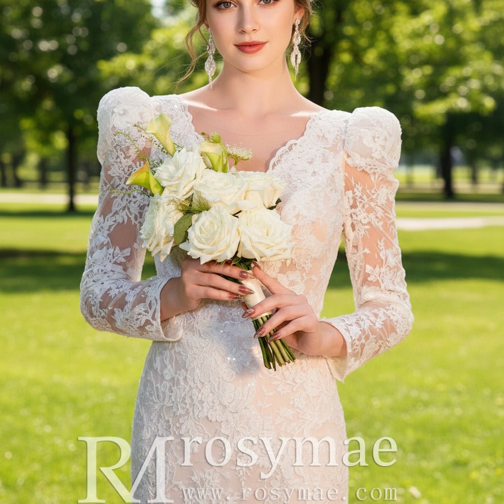 Princess Mermaid Lace Wedding Dress with Puff Long Sleeve - Rosymae