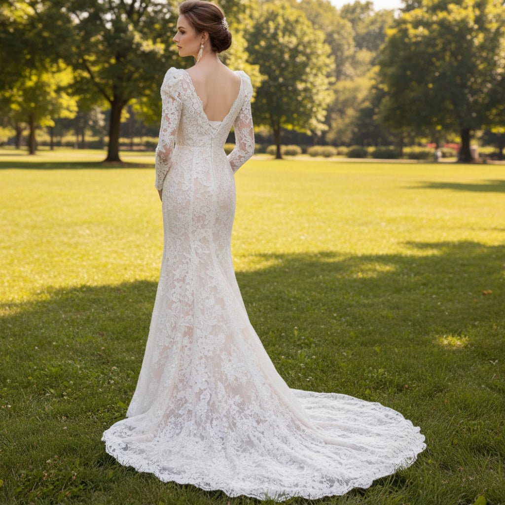 Princess Mermaid Lace Wedding Dress with Puff Long Sleeve - Rosymae