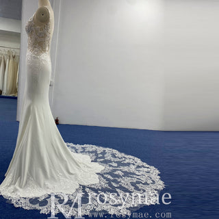 Princess Mermaid Satin Lace Wedding Dress with Sheer Bodice - Rosymae
