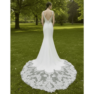 Princess Mermaid Satin Lace Wedding Dress with Sheer Bodice - Rosymae