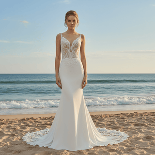 Princess Mermaid Satin Lace Wedding Dress with Sheer Bodice - Rosymae