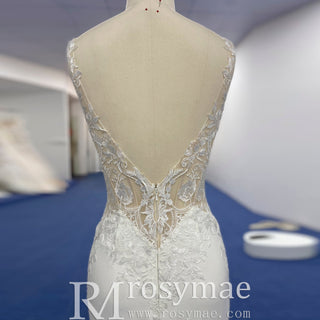 Princess Mermaid Satin Lace Wedding Dress with Sheer Bodice - Rosymae
