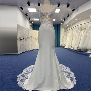 Princess Mermaid Satin Lace Wedding Dress with Sheer Bodice - Rosymae