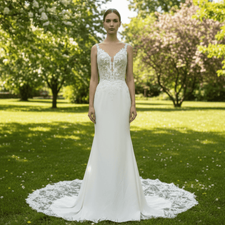 Princess Mermaid Satin Lace Wedding Dress with Sheer Bodice - Rosymae