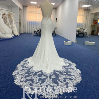 Princess Mermaid Satin Lace Wedding Dress with Sheer Bodice - Rosymae