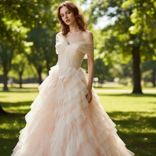 Princess Ruffle Tulle Wedding Dress with Off the Shoulder - Rosymae