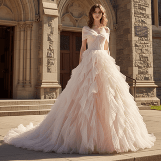 Princess Ruffle Tulle Wedding Dress with Off the Shoulder - Rosymae
