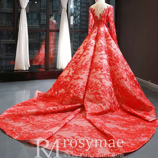 Princess Scoop Long Sleeve Lace Formal Dress Red Prom Gown - Rosymae