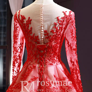 Princess Scoop Long Sleeve Lace Formal Dress Red Prom Gown - Rosymae