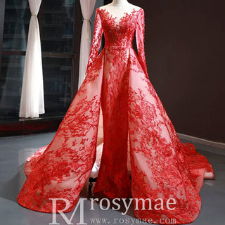 Princess Scoop Long Sleeve Lace Formal Dress Red Prom Gown - Rosymae