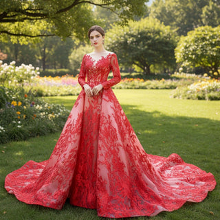 Princess Scoop Long Sleeve Lace Formal Dress Red Prom Gown - Rosymae
