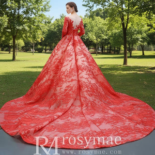 Princess Scoop Long Sleeve Lace Formal Dress Red Prom Gown - Rosymae