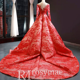 Princess Scoop Long Sleeve Lace Formal Dress Red Prom Gown - Rosymae