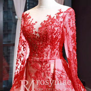 Princess Scoop Long Sleeve Lace Formal Dress Red Prom Gown - Rosymae