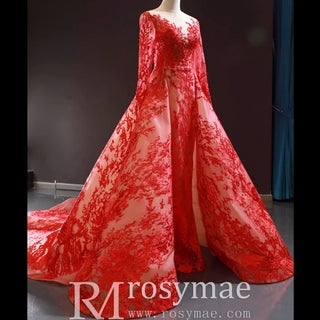 Princess Scoop Long Sleeve Lace Formal Dress Red Prom Gown - Rosymae