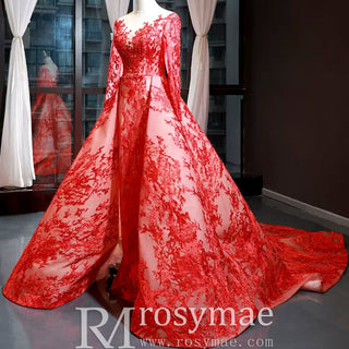 Princess Scoop Long Sleeve Lace Formal Dress Red Prom Gown - Rosymae