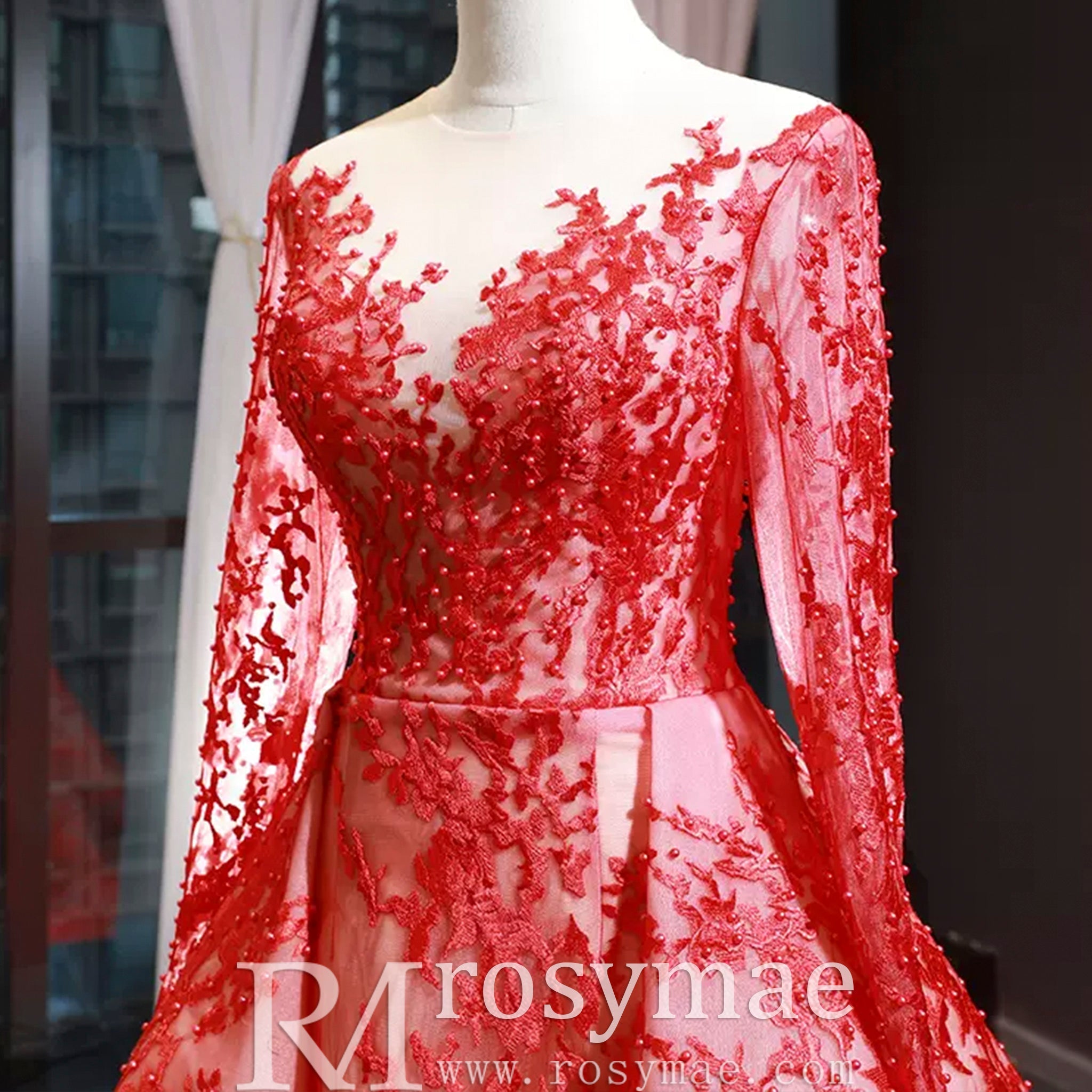 Princess Scoop Long Sleeve Lace Formal Dress Red Prom Gown - Rosymae