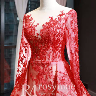 Princess Scoop Long Sleeve Lace Formal Dress Red Prom Gown - Rosymae