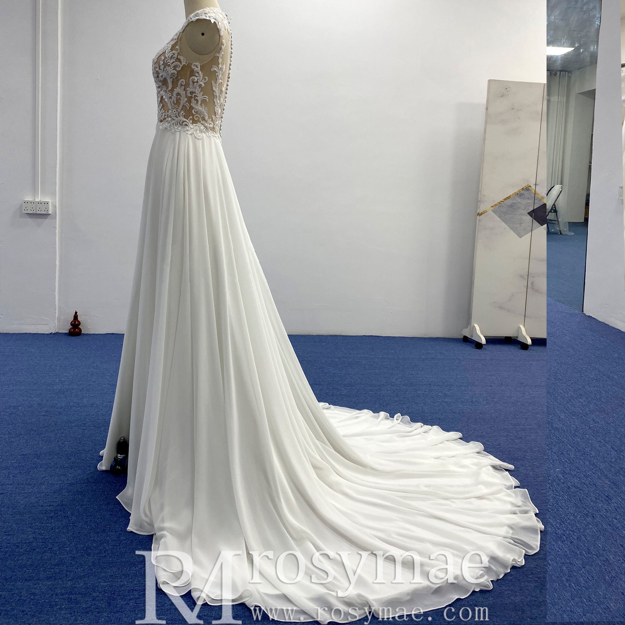 Princess Sheer Bodice A-line Chiffon Wedding Dress with High Neck - Rosymae