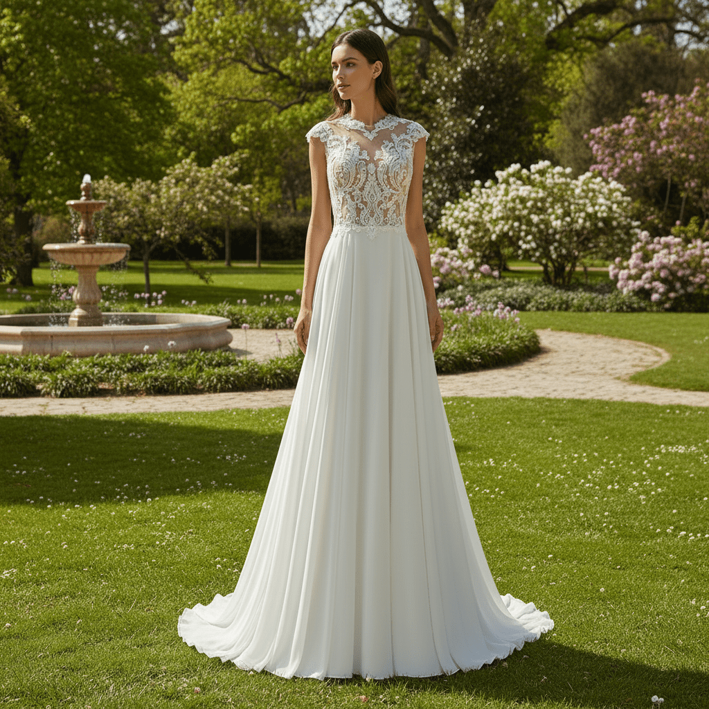 Princess Sheer Bodice A-line Chiffon Wedding Dress with High Neck - Rosymae